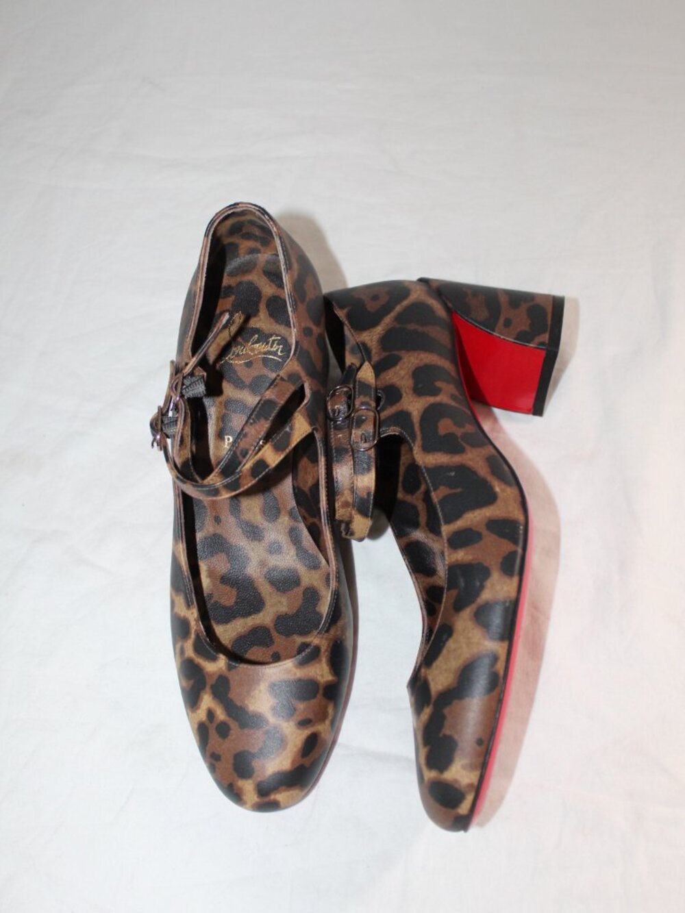 Christian Louboutin Leopard Leather Mary Jane Block Heel Double Strap Pumps 39